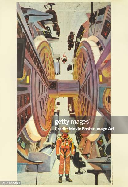 Promotional artwork movie poster designed by Robert McCall for Stanley Kubrick's 1968 science fiction film '2001: A Space Odyssey'.
