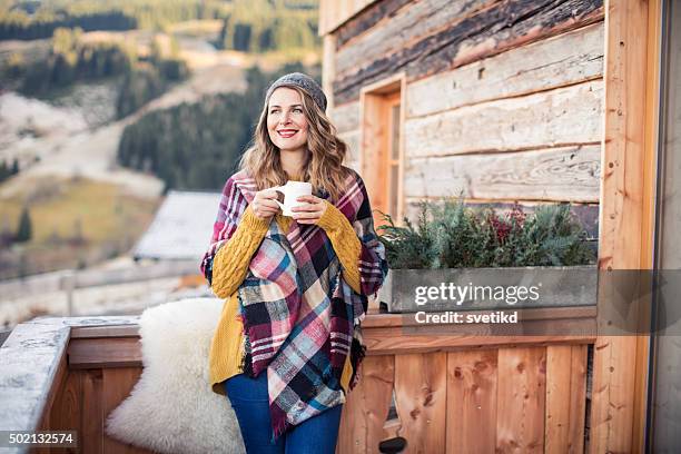 beautiful day on mountain - log cabin porch stock pictures, royalty-free photos & images