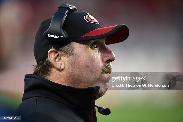 Head coach Jim Tomsula of the San Francisco 49ers looks on from the sidelines during their NFL game at Levi's Stadium on December 20, 2015 in Santa...