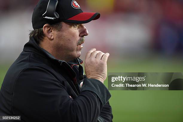 Head coach Jim Tomsula of the San Francisco 49ers looks on from the sidelines during their NFL game at Levi's Stadium on December 20, 2015 in Santa...