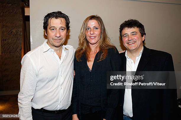 Laurent Gerra, guest and Patrick Pelloux attend the Laurent Gerra One Man Show at L'Olympia on December 19, 2015 in Paris, France.