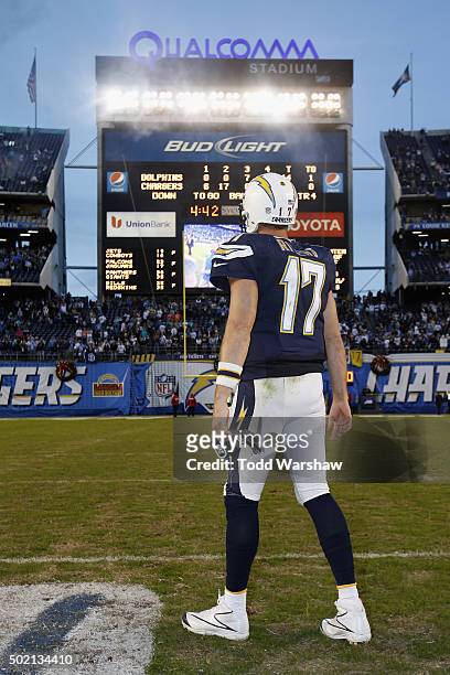 Philip Rivers of the San Diego Chargers stands at midfield after defeating the Miami Dolphins 30-14 at Qualcomm Stadium on December 20, 2015 in San...