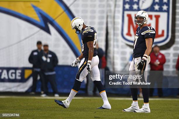 Malcom Floyd of the San Diego Chargers and Philip Rivers of the San Diego Chargers walk onto the field against the Miami Dolphins at Qualcomm Stadium...