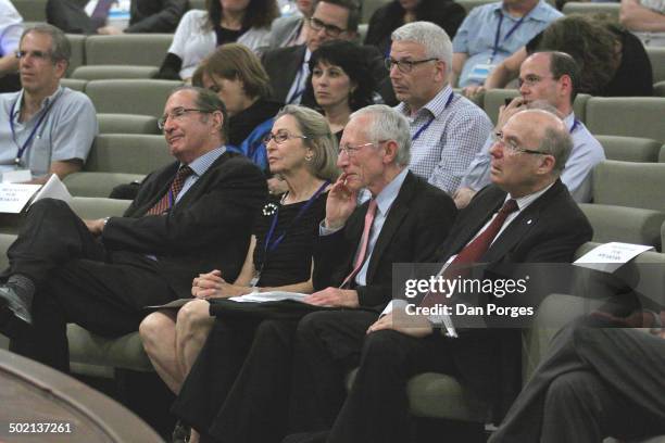 From left, Israeli businessman Dan Popper, Rhoda Fischer and her husband, former Governor of the Bank of Israel Professor Stanley Fischer, and...