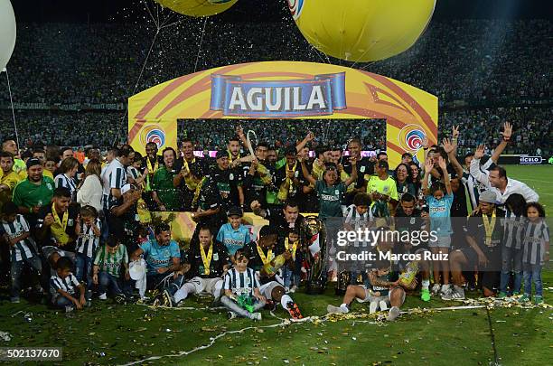 Players of Nacional celebrate after winning a second leg final match between Atletico Nacional and Atletico Junior as part of Liga Aguila II 2015 at...