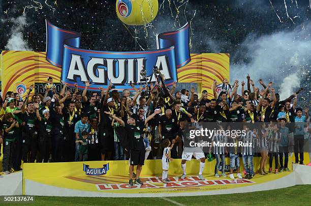 Players of Nacional celebrate after winning a second leg final match between Atletico Nacional and Atletico Junior as part of Liga Aguila II 2015 at...