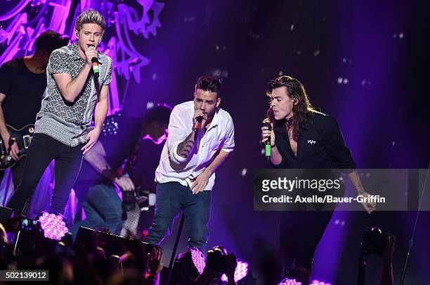 Recording artists Niall Horan, Liam Payne and Harry Styles of One Direction perform at 102.7 KIIS FM's Jingle Ball 2015 presented by Capital One at...