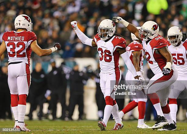 Swearinger of the Arizona Cardinals celebrates his stop of Ryan Mathews of the Philadelphia Eagles preventing a first down for the Eagles in the...