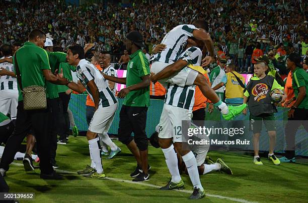 Players of Nacional celebrate after winning a second leg final match between Atletico Nacional and Atletico Junior as part of Liga Aguila II 2015 at...