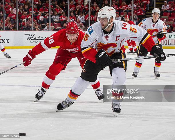 Mark Giordano of the Calgary Flames skates after a loose puck in front of Joakim Andersson of the Detroit Red Wings during an NHL game at Joe Louis...