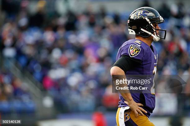 Quarterback Jimmy Clausen of the Baltimore Ravens looks on against the Kansas City Chiefs in the second half at M&T Bank Stadium on December 20, 2015...