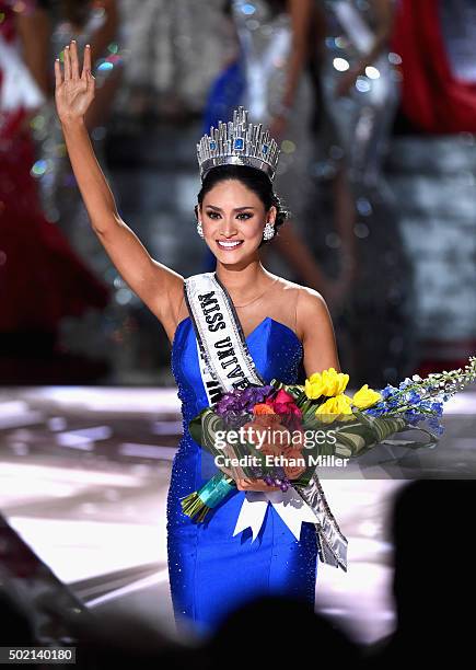 Miss Philippines 2015, Pia Alonzo Wurtzbach, who was mistakenly named as first runner-up, reacts as she is named the 2015 Miss Universe during the...