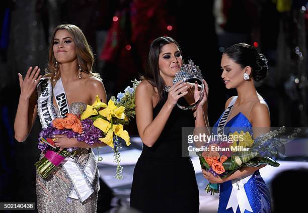 Miss Colombia 2015, Ariadna Gutierrez Arevalo, looks on as Miss Universe 2014 Paulina Vega crowns Miss Philippines 2015, Pia Alonzo Wurtzbach, the...