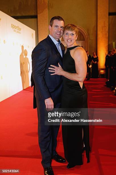 Christina Obergfoell arrives with Boris Obergfoell for the Sportler des Jahres 2015 gala at Kurhaus Baden-Baden on December 20, 2015 in Baden-Baden,...