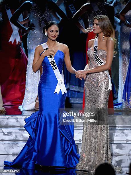 Miss Philippines 2015, Pia Alonzo Wurtzbach , and Miss Colombia 2015, Ariadna Gutierrez Arevalo, wait to hear the judges' esults of the 2015 Miss...