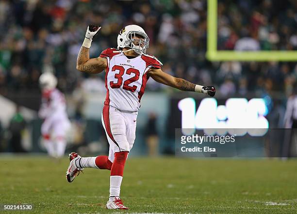 Tyrann Mathieu of the Arizona Cardinals celebrates a touchdown by teammate John Brown in the third quarter against the Philadelphia Eagles at Lincoln...