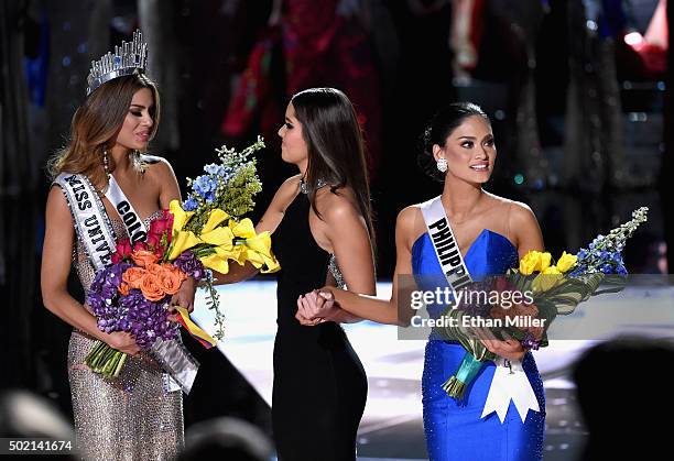 Miss Colombia 2015, Ariadna Gutierrez Arevalo, Miss Universe 2014 Paulina Vega and Miss Phillipines 2015, Pia Alonzo Wurtzbach, react after it was...