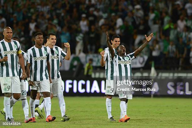 Players of Nacional celebrate after winning a second leg final match between Atletico Nacional and Atletico Junior as part of Liga Aguila II 2015 at...