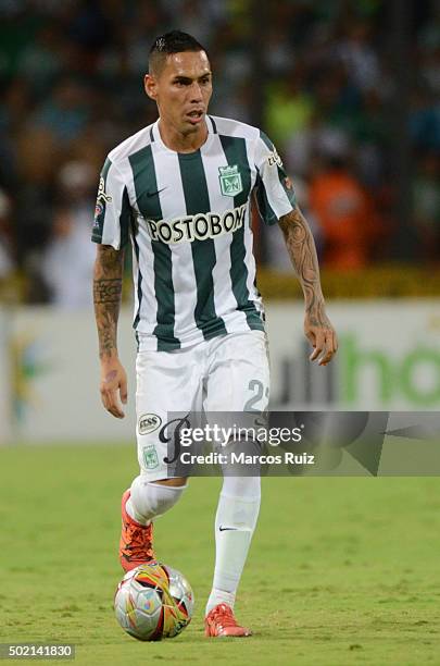 Gilberto Garcia of Nacional drives the ball during a second leg final match between Atletico Nacional and Atletico Junior as part of Liga Aguila II...