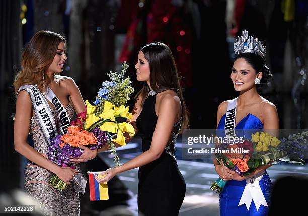 Miss Colombia 2015, Ariadna Gutierrez Arevalo, Miss Universe 2014 Paulina Vega and Miss Phillipines 2015, Pia Alonzo Wurtzbach, react after it was...