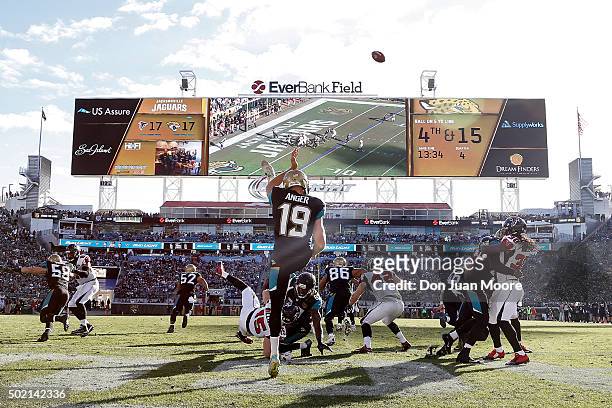 General view from the end zone of Punter Bryan Anger of the Jacksonville Jaguars kicking the ball during the game against the Atlanta Falcons at...