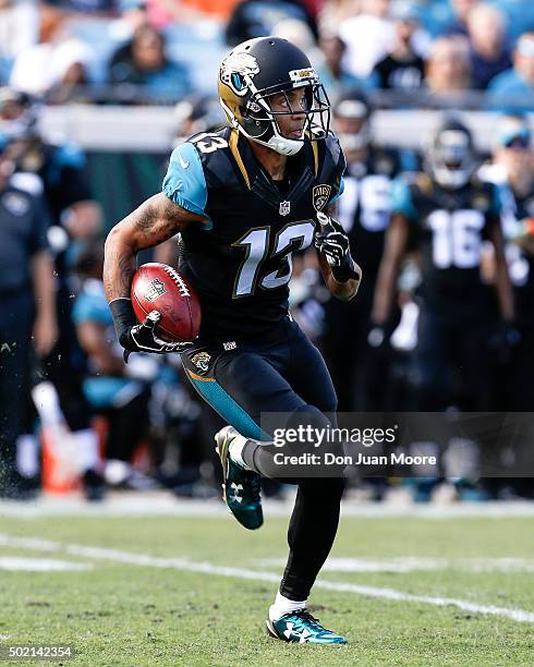 Wide Receiver Rashad Greene of the Jacksonville Jaguars returns a punt during the game against the Atlanta Falcons at EverBank Field on December 20,...
