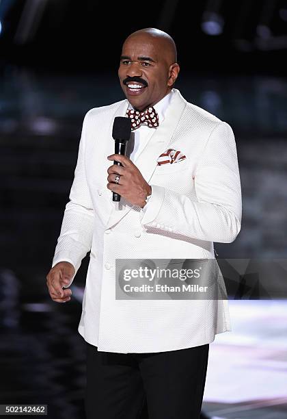 Television personality Steve Harvey hosts the 2015 Miss Universe Pageant at The Axis at Planet Hollywood Resort & Casino on December 20, 2015 in Las...