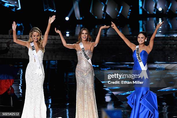 The top three finalists Miss USA 2015, Olivia Jordan, Miss Colombia 2015, Ariadna Gutierrez Arevalo, and Miss Philippines 2015, Pia Alonzo Wurtzbach,...