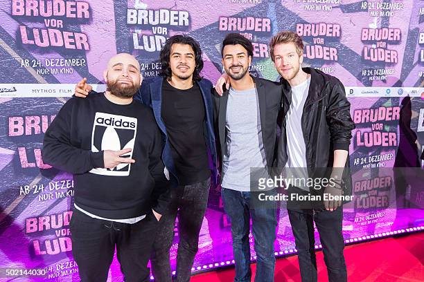 Cengiz Dogrul and Jan-Christoph Meyer from 'ApeCrime' and Hichaeaeaem attend the premiere for the film 'Bruder vor Luder' at Cinedom on December 20,...