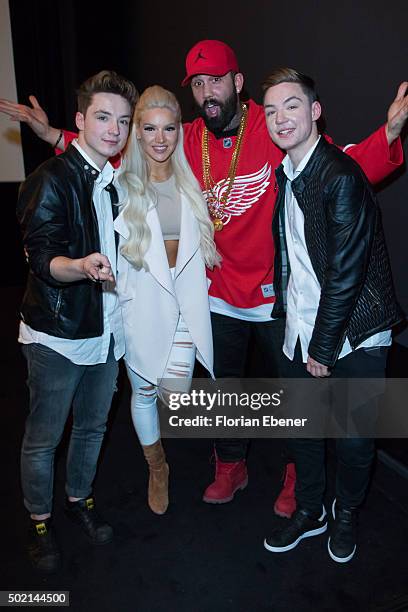 Roman and Heik Lochmann alias 'DieLochis', Christian Manazidis and Shirin David attend the premiere for the film 'Bruder vor Luder' at Cinedom on...