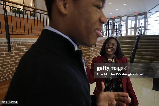 Tiffany Anderson speaks with a student in Jennings, MO, on December 10, 2015. Anderson is the superintendent of the 3,000-student Jennings school...