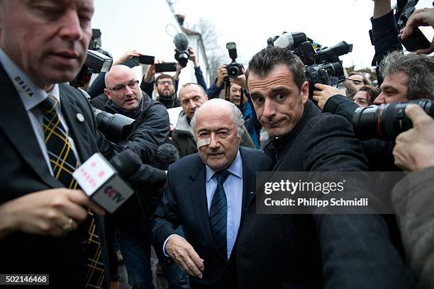 President Joseph S. Blatter arrives for a press conference as reaction to his banishment for eight years by the FIFA ethics committee at FIFA's...