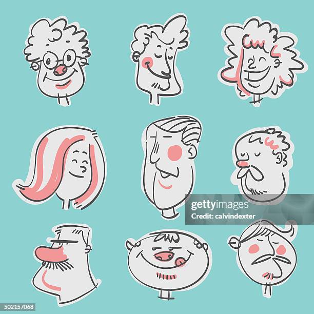 human heads showing various facial expressions - caricature stock illustrations