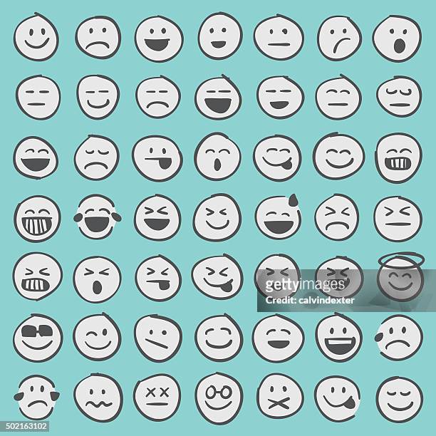 illustrazioni stock, clip art, cartoni animati e icone di tendenza di disegno a mano emoji icone set 1 - tristezza
