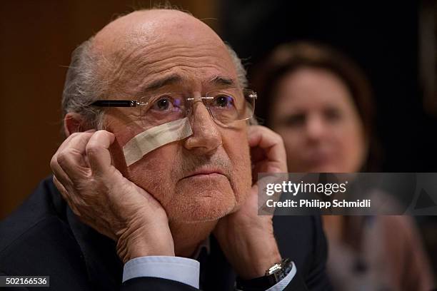 President Joseph S. Blatter attends a press conference as reaction to his banishment for eight years by the FIFA ethics committee at FIFA's former...