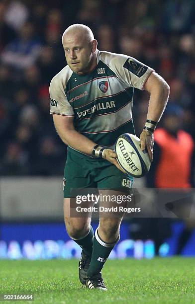 Dan Cole of Leicester runs with the ball during the European Rugby Champions Cup match between Leicester Tigers and Munster at Welford Road on...