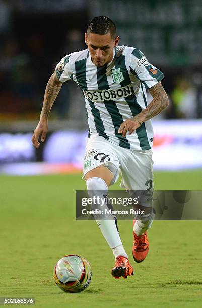 Gilberto Garcia of Nacional drives the ball during a second leg final match between Atletico Nacional and Atletico Junior as part of Liga Aguila II...