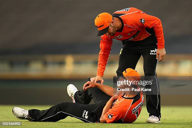 Shaun Marsh of the Scorchers checks on the wellfare of Nathan Coulter-Nile during the Big Bash League match between Perth Scorchers and Adelaide...