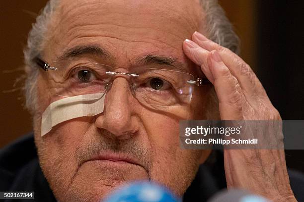 President Joseph S. Blatter attends a press conference as reaction to his banishment for eight years by the FIFA ethics committee at FIFA's former...