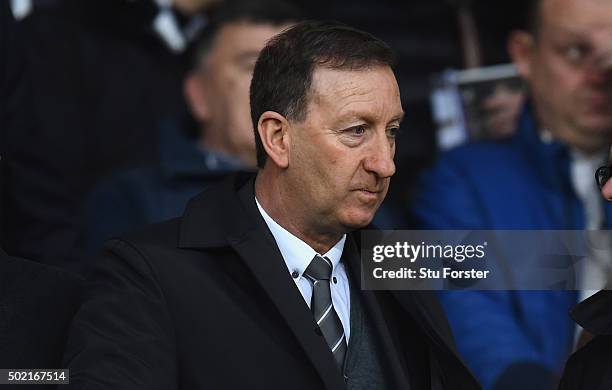 Swansea chairman Huw Jenkins looks on before during the Barclays Premier League match between Swansea City and West Ham United at the Liberty Stadium...