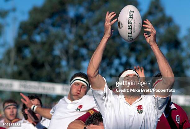 Paul Ackford of England catches the ball in the lineout during their rugby union match against Queensland at Ballymore in Brisbane on 14th July 1991....