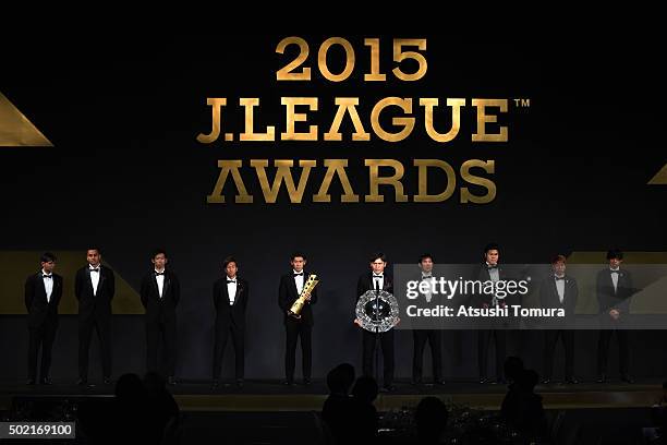 Players of the J. League 2015 champion Sanfrecce Hiroshima attend the J. League Awards 2015 on December 21, 2015 in Tokyo, Japan.