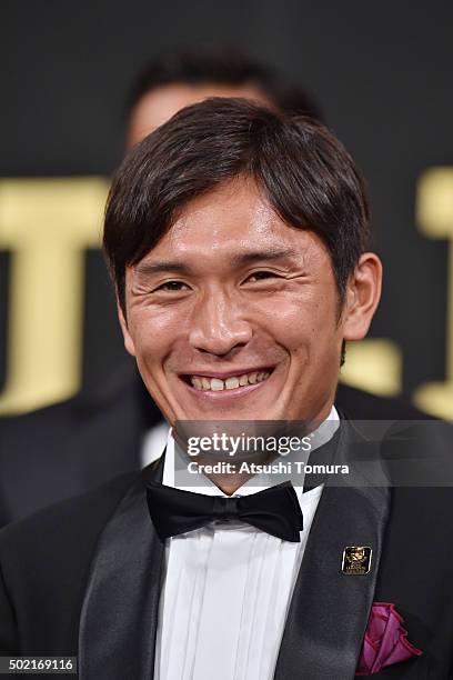 Toshihiro Aoyama of Sanfrecce Hiroshima is awarded as the best eleven players during the J. League Awards 2015 on December 21, 2015 in Tokyo, Japan.