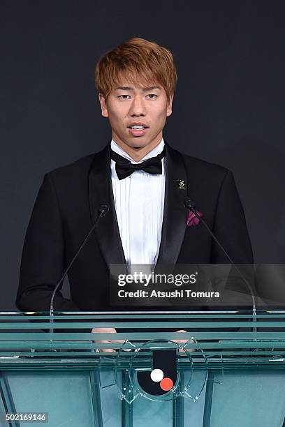 Takuma Asano of Sanfrecce Hiroshima is awarded as the best young player during the J. League Awards 2015 on December 21, 2015 in Tokyo, Japan.