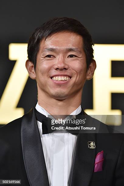 Tsukasa Shiotani of Sanfrecce Hiroshima is awarded as the best eleven players during the J. League Awards 2015 on December 21, 2015 in Tokyo, Japan.