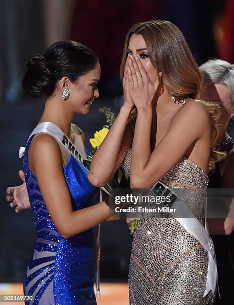 Miss Philippines 2015, Pia Alonzo Wurtzbach , and Miss Colombia 2015, Ariadna Gutierrez Arevalo, react as Gutierrez Arevalo is named the 2015 Miss...