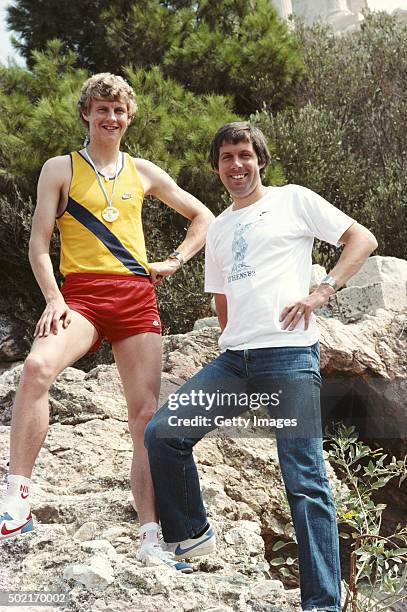 Steve Cram pictured with Brendan Foster and his Gold medal from the 1500 metres at the 1982 European Athletics Championships in Athens, Greece.
