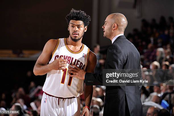 Quinn Cook of the Canton Charge listens to Head coach Jordi Fernandez during a break in the action against the Erie BayHawks at the Canton Memorial...