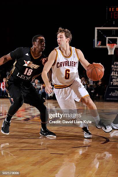 Michael Stockton of the Canton Charge drives to the hoop against Jordan Sibert of the Erie BayHawks at the Canton Memorial Civic Center on December...