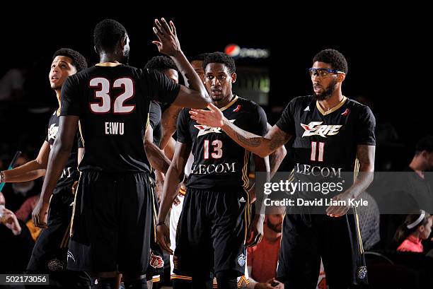 Nnanna Egwu of the Erie BayHawks congratulates Devyn Marble as he walks off the court against the Canton Charge at the Canton Memorial Civic Center...